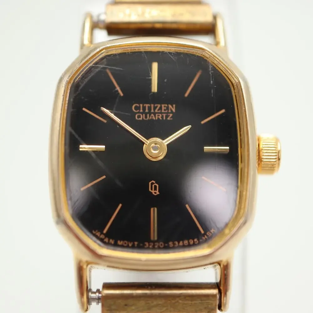 Vintage Citizen Black Gold Tone 17mm Petite Watch Metal Stretch Band New Battery